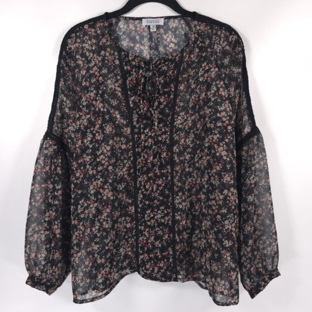 Barney’s New York Floral Print Tie Neck Blouse Sheer Lace Ft1110 Medium